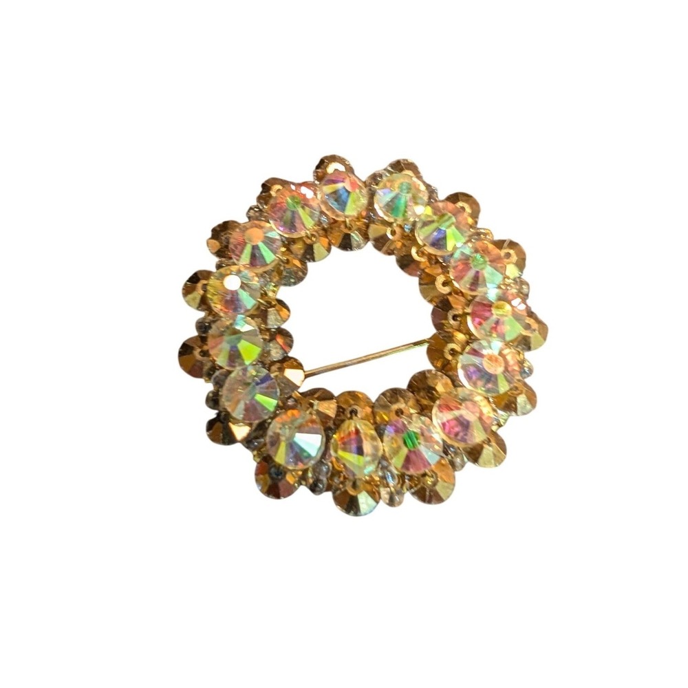 Vintage Hobe Wreath Brooch Aurora Borealis AB Crystal Gold Tone Circle Pin 1.25"